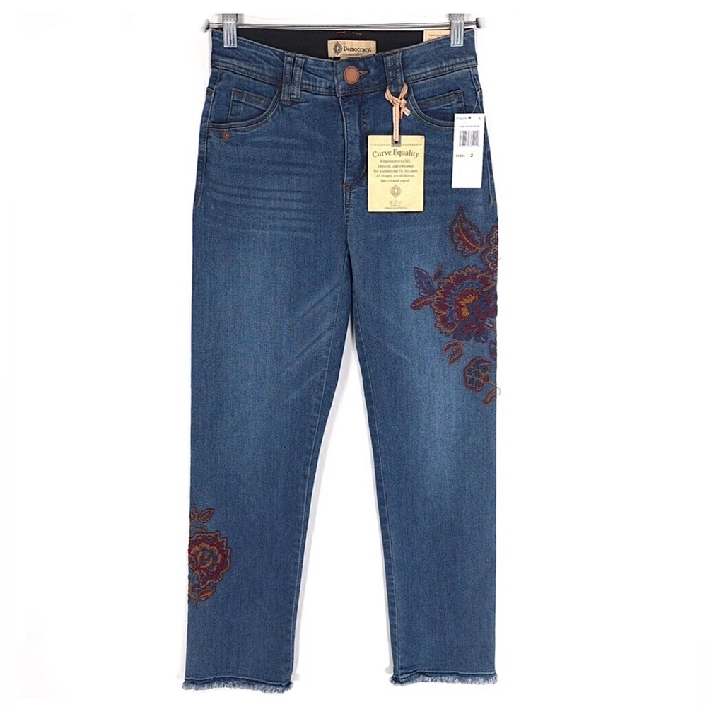 Democracy Embroidered Floral Straight Ankle Jeans